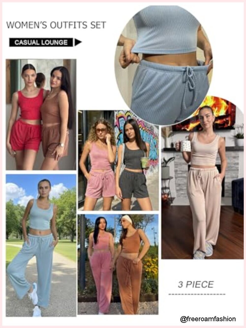 3 Piece Lounge Set Twisted Rib Knit Crop Top Shorts & Pants Set With Pockets - Picture 5 of 6